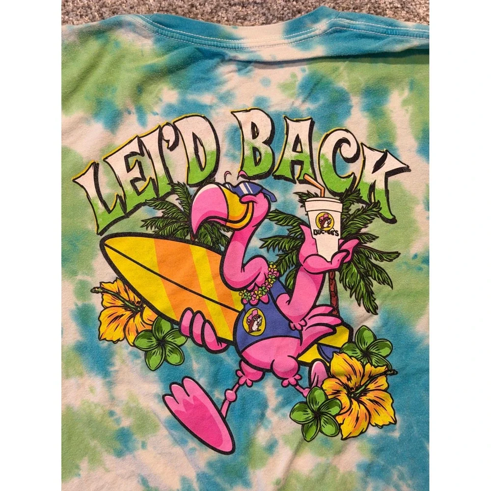 Buc-ee's T-Shirt Mens XL Blue Green Tie Dye Leid Back Flamingo Graphic Tee